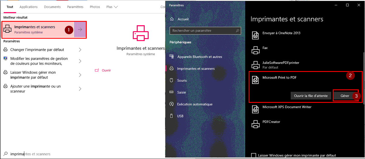 Recherche Windows : « Imprimantes et scanners ».