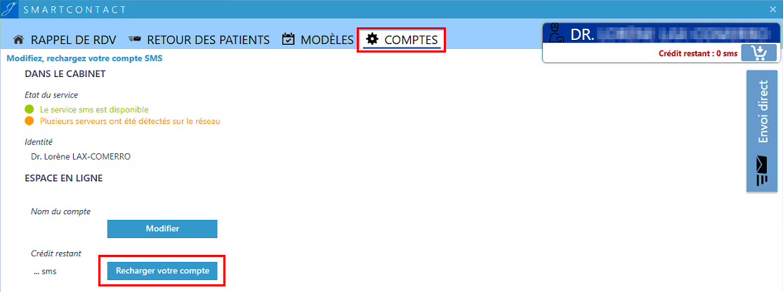 Dans l'onglet COMPTES, cliquez sur Recharger votre compte
