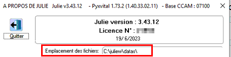 Le chemin indiqué peut varier selon l'emplacement de vos données. Vérifiez-le dans le menu ? > À propos de Julie, ligne Emplacement des fichiers
