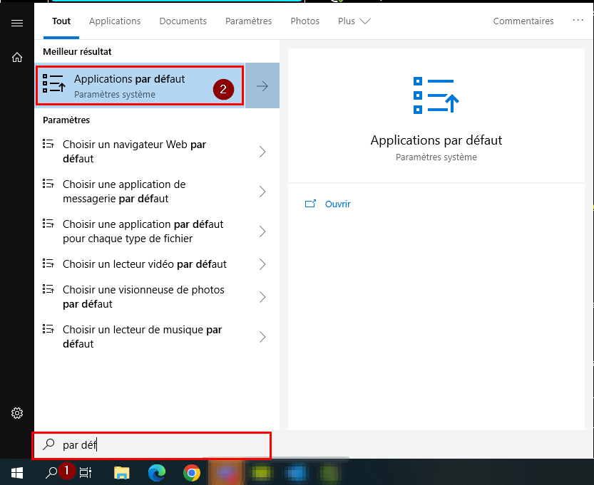Dans la recherche de la barre des tâches Windows, tapez par défaut et ouvrez Applications par défaut