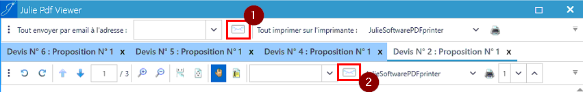 Cliquez sur l'enveloppe 1 pour envoyer tous les documents ouverts, ou sur l'enveloppe 2 pour n'envoyer que le document sélectionné