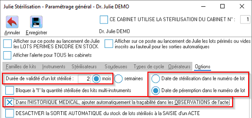 L'onglet Options permet de régler la durée de validité d'un lot stérilisé, d'afficher la date de stérilisation ou de péremption dans le numéro de lot, et d'a…