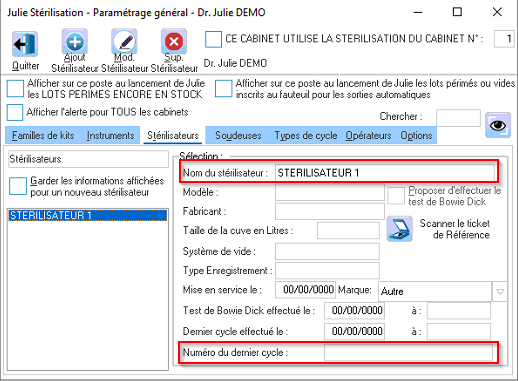 Configurez votre stérilisateur avec Ajout Stérilisateur (onglet Stérilisateurs), en indiquant bien le numéro du dernier cycle effectué