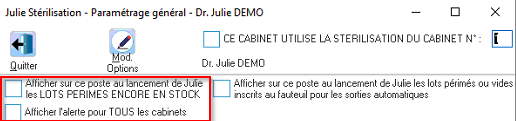 Pour être averti au lancement de Julie des kits périmés encore en stock, cochez Afficher sur ce poste au lancement de Julie les LOTS PERIMES ENCORE EN STOCK …