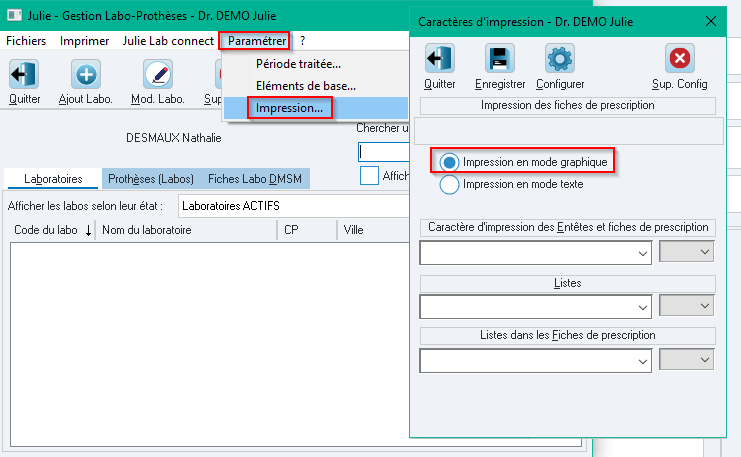 Dans la gestion labo, ouvrez le menu Paramètre > Impression... et cochez Impression en mode graphique