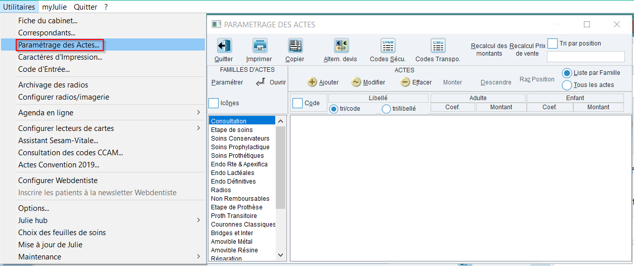 Accès : menu Utilitaires > Paramétrage des actes