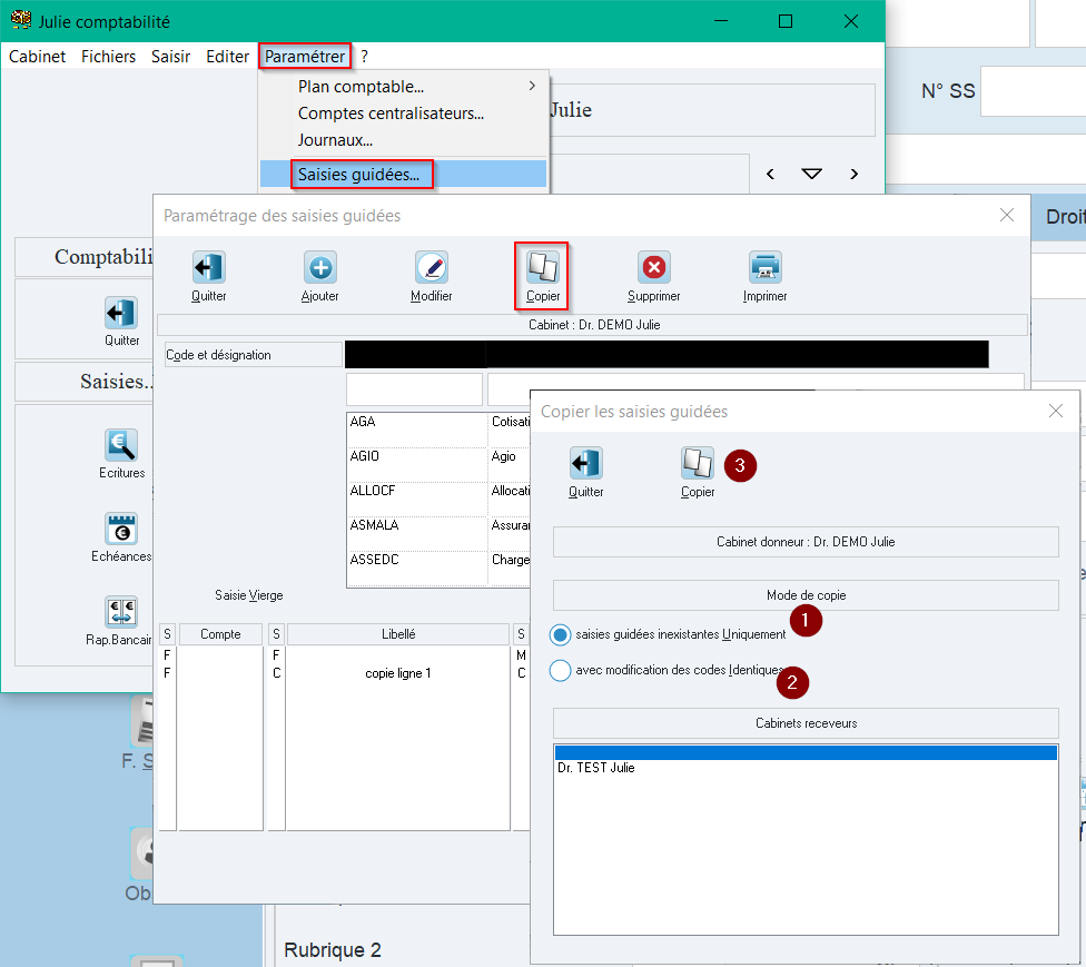 Sélectionnez le cabinet receveur, puis cliquez sur Copier