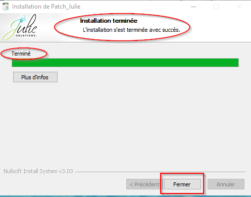Une fois l'installation terminée, cliquez sur Fermer