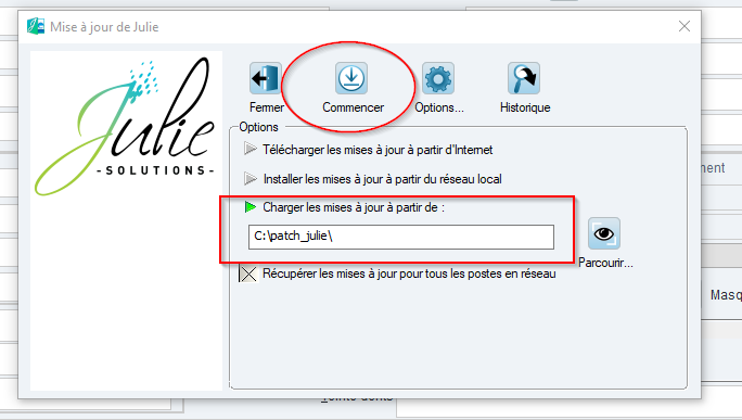 Sélectionnez Charger les mises à jour à partir de (chemin C:\patch_julie\), puis cliquez sur Commencer
