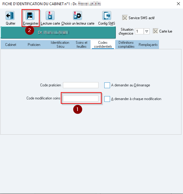 Dans l'onglet Codes confidentiels, saisissez le nouveau code dans Code modification soins, puis cliquez sur Enregistrer