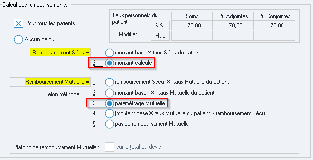 Sélectionnez Remboursement Sécu = 2 (montant calculé) et Remboursement Mutuelle = 3 (paramétrage mutuelle)