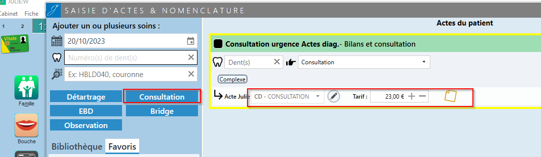 Dans l'assistant de saisie d'actes, cliquez directement sur le bouton Consultation : le code CD est appliqué automatiquement