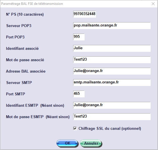 Adresse Orange (fse.xxxxxxxx@orange.fr) : serveur POP3 pop.mailsante.orange.fr, port 995 ; serveur SMTP smtp.mailsante.orange.fr, port 465 ; identifiant ESMT…