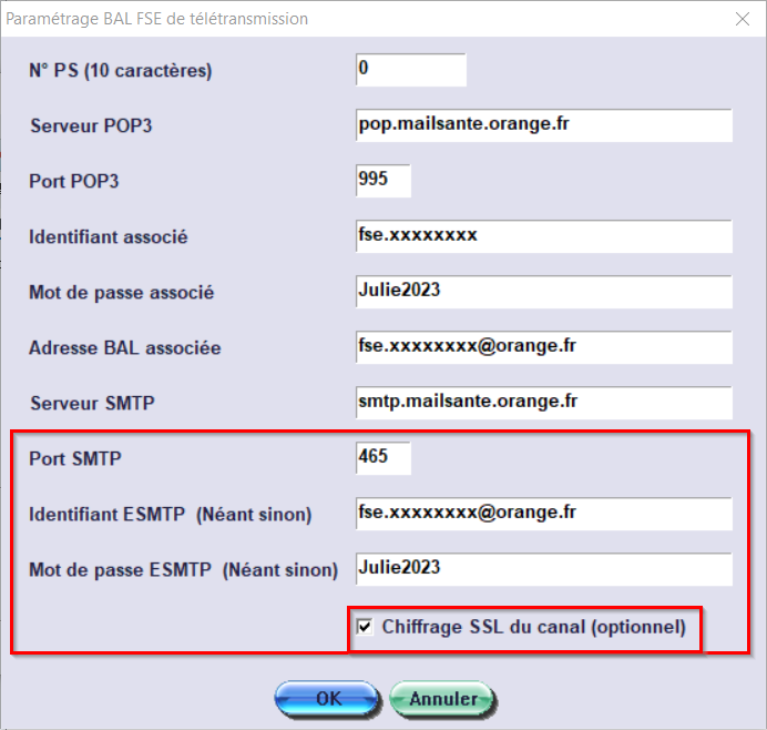 Vérifiez les serveurs pop.mailsante.orange.fr (port 995) et smtp.mailsante.orange.fr (port 465), cochez Chiffrage SSL du canal (optionnel), puis cliquez sur OK