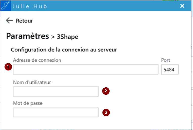 Renseignez la configuration : l'adresse de connexion = nom du poste SERVEUR 3Shape ; le nom d'utilisateur = nom de la session 3Shape (affiché en haut à droit…