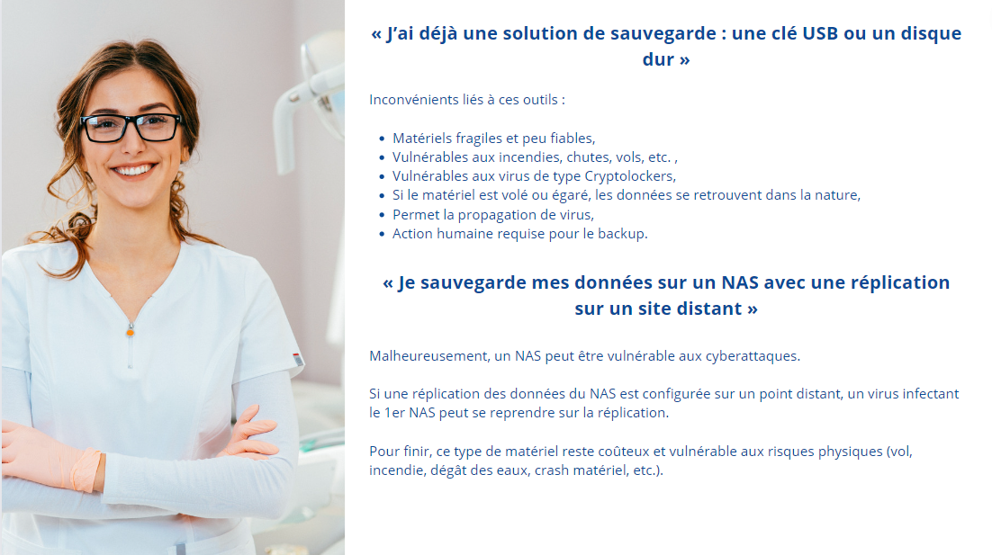 « J'ai déjà une clé USB ou un disque dur » : matériel fragile, exposé aux incendies, chutes, vols et virus (type Cryptolocker), action humaine nécessaire, do…