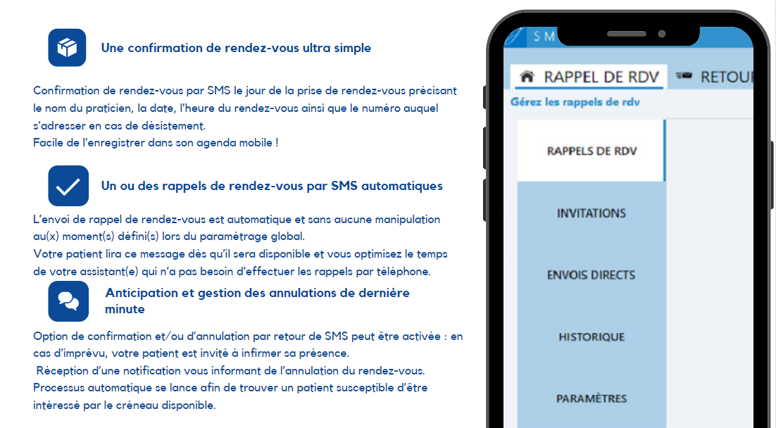 Annulations : le patient peut infirmer sa présence par SMS ; vous êtes notifié et Julie cherche automatiquement un patient intéressé par le créneau