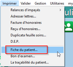 Menu Imprimer > Fiche du patient…