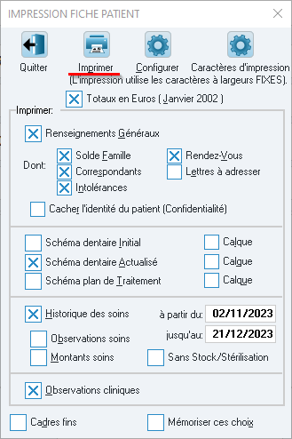 Fenêtre Impression fiche patient : informations à cocher et bouton Imprimer.