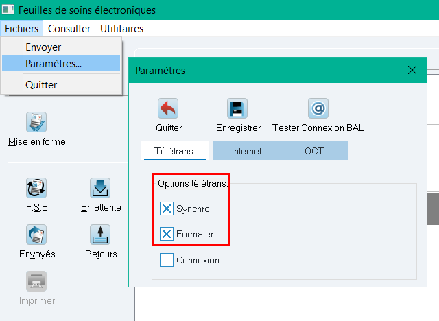 Dans l'onglet Télétrans., cochez Synchro et Formater (pas Connexion), puis cliquez sur Enregistrer