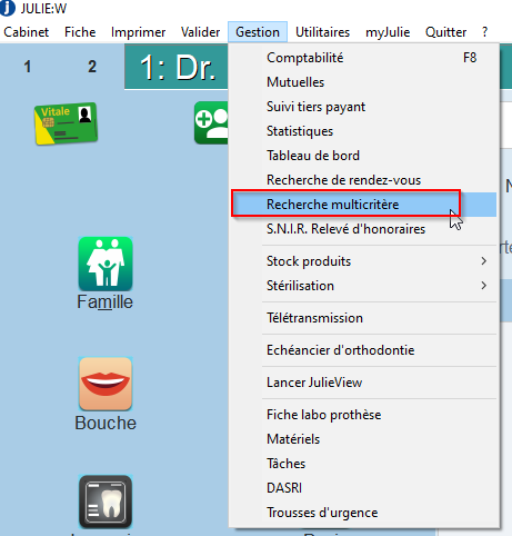 Ouvrez le menu Gestion > Recherche multicritère