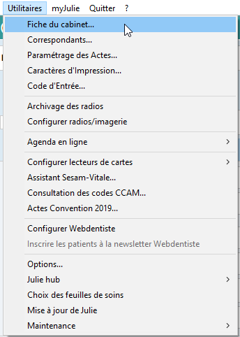 Ouvrez le menu Utilitaires > Fiche du cabinet