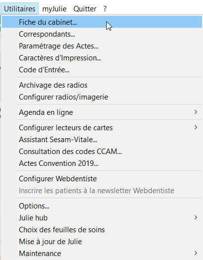 Ouvrez le menu Utilitaires > Fiche du cabinet