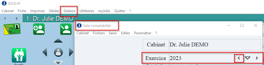 Ouvrez le menu Gestion > Comptabilité et placez-vous sur l'exercice souhaité avec les flèches