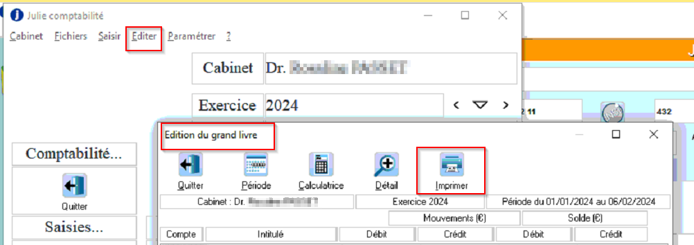 Ouvrez le menu Éditer > Grand livre, puis cliquez sur Imprimer