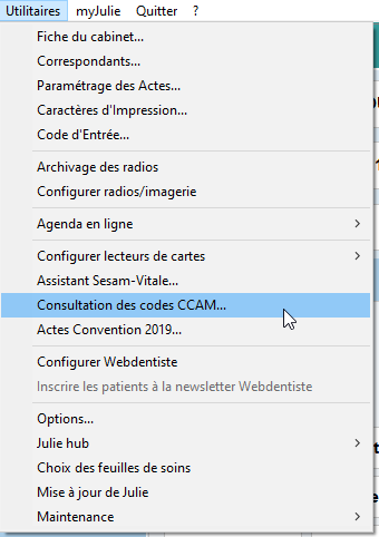 Ouvrez le menu Utilitaires > Consultation des codes CCAM