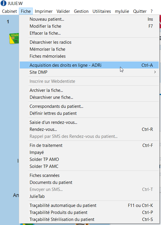Ouvrez le menu Fiche > Acquisition des droits en ligne - ADRi