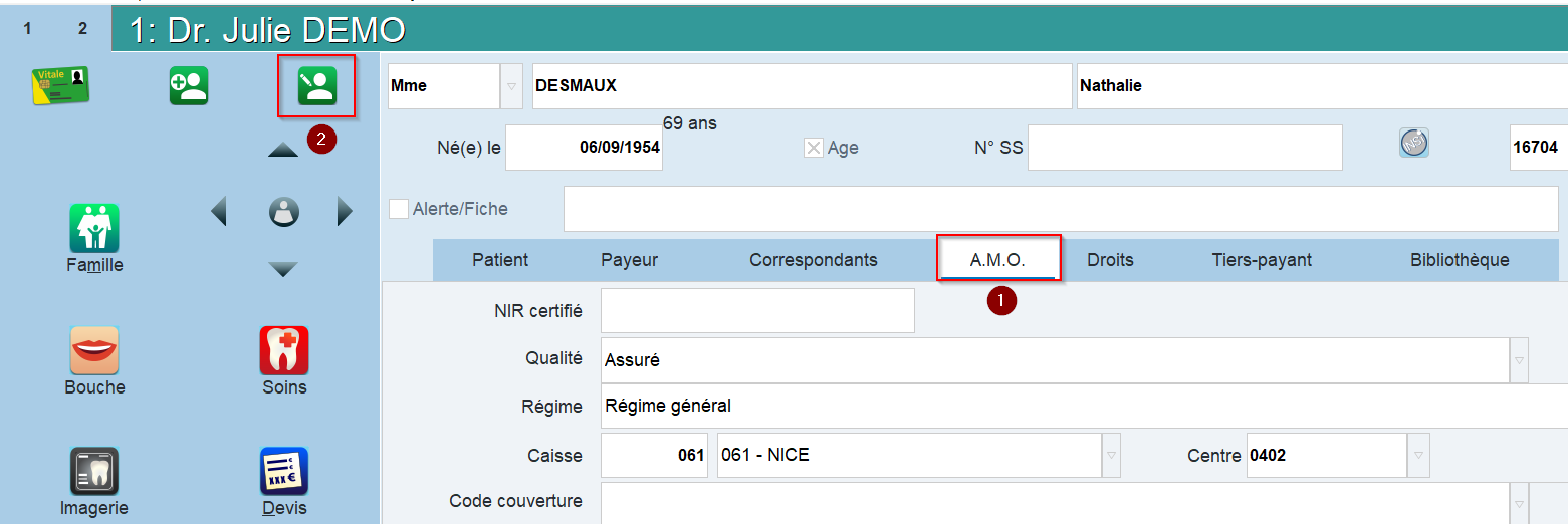 Fiche patient : onglet A.M.O. (1) et icône Modifier la fiche (2).