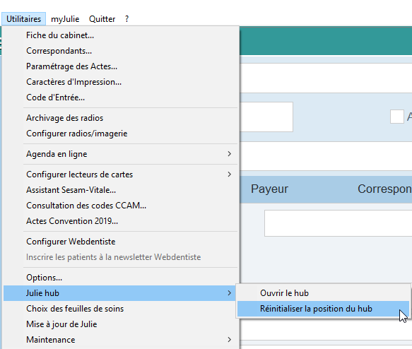 Ouvrez le menu Utilitaires > Julie hub > Réinitialiser la position du hub