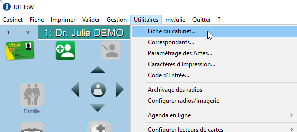 Ouvrez le menu Utilitaires > Fiche du cabinet