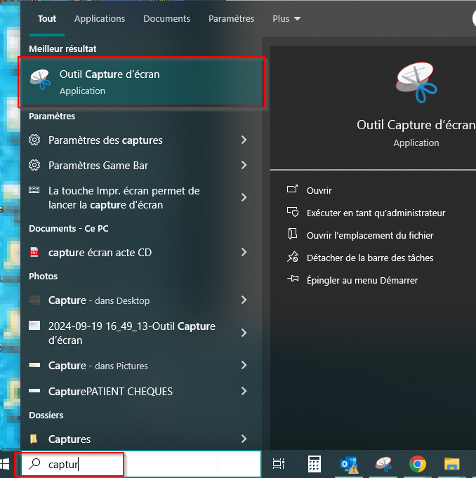 Dans la barre de recherche de Windows, tapez « capture » et ouvrez l'Outil Capture d'écran
