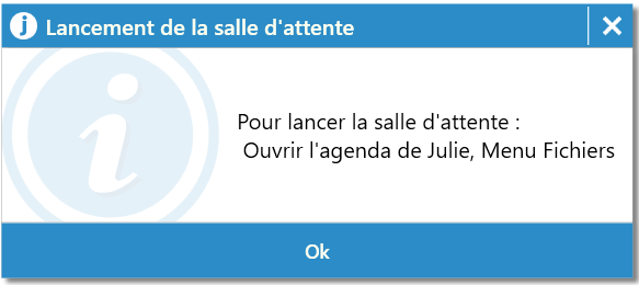 Julie indique alors comment la relancer : ouvrez l'agenda, menu Fichiers > Lancer la salle d'attente