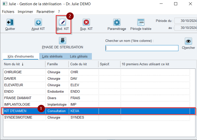 Sélectionnez le kit, puis cliquez sur Mod. KIT