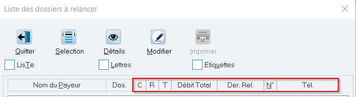 Colonnes de la liste des dossiers à relancer