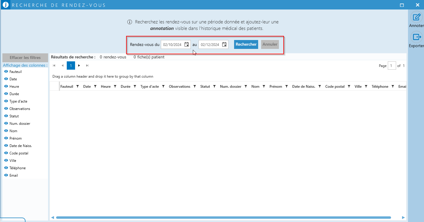 Indiquez la période (Rendez-vous du … au …), puis cliquez sur Rechercher