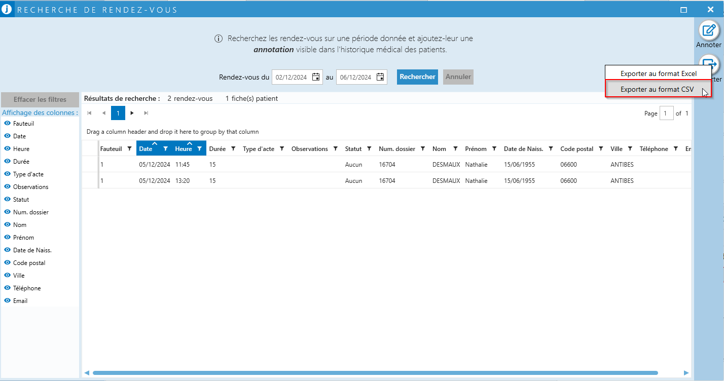 Cliquez sur Exporter (à droite de la fenêtre), puis Exporter au format CSV (un export Excel est aussi possible)