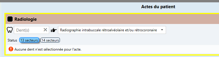 Saisissez l'acte de radiographie intrabuccale et choisissez Status : 13 secteurs