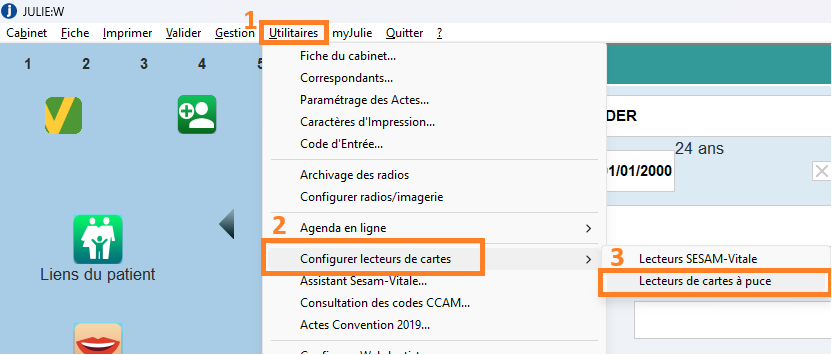 Ouvrez le menu Utilitaires > Configurer lecteurs de cartes > Lecteurs de cartes à puce