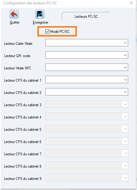 Sélectionnez les lecteurs à utiliser (Carte Vitale, QR code, Vitale NFC, CPS de chaque cabinet)