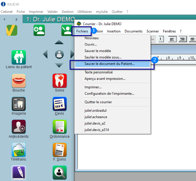 Module Courrier : menu Fichiers > Sauver le document du Patient…