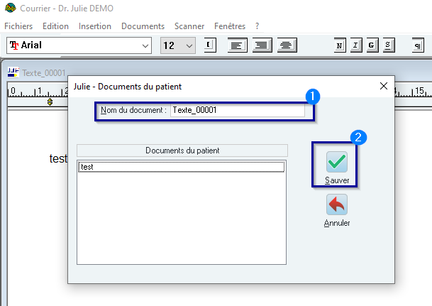 Fenêtre Documents du patient : champ « Nom du document » et bouton Sauver.