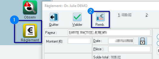 Cliquez sur Règlement, puis sur Remb.