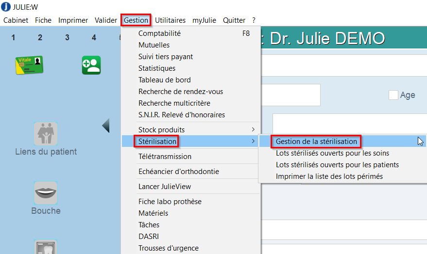 Ouvrez le menu Gestion > Stérilisation > Gestion de la stérilisation
