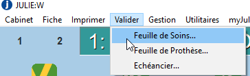 Si vous avez prévalidé la feuille de soins (bouton Préval.), validez-la ensuite par le menu Valider > Feuille de Soins