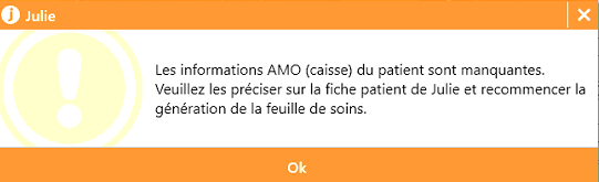 Ce message apparaît à la génération d'une feuille de soins en mode dégradé : la caisse et le centre manquent dans l'onglet AMO