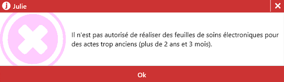 Cette erreur apparaît à la validation d'une feuille de soins, ou en allant dans Règlement, quand d'anciens actes sont en D (Dus) ou T (Traités) dans l'histor…